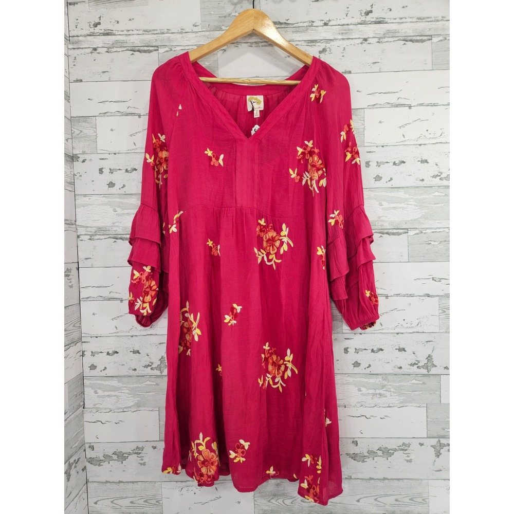 Fig and Flower Magenta Pink Floral Embroidered Ruffle Sleeve Babydoll Dress L